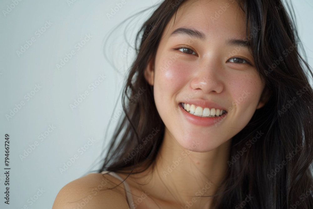 Beautiful studio portrait of young, stylish asian woman, long hair, smiling and looking at camera with confidence on white background Beautiful studio portrait of young, stylish asian woman, long hair, smiling and looking at camera with confidence on white background