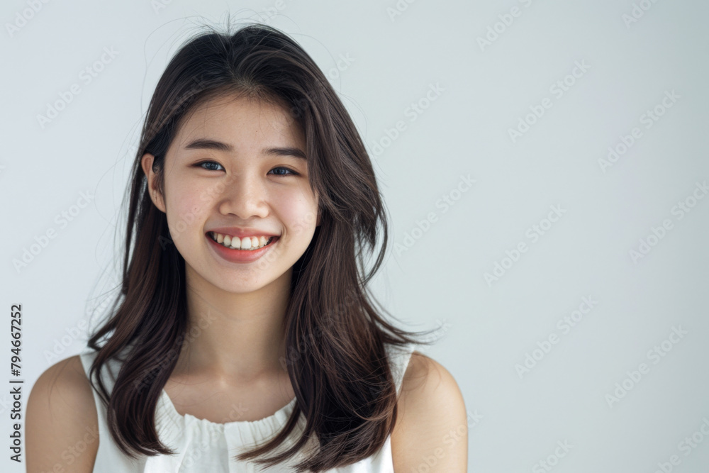 Beautiful studio portrait of young, stylish asian woman, long hair, smiling and looking at camera with confidence on white background Beautiful studio portrait of young, stylish asian woman, long hair, smiling and looking at camera with confidence on white background