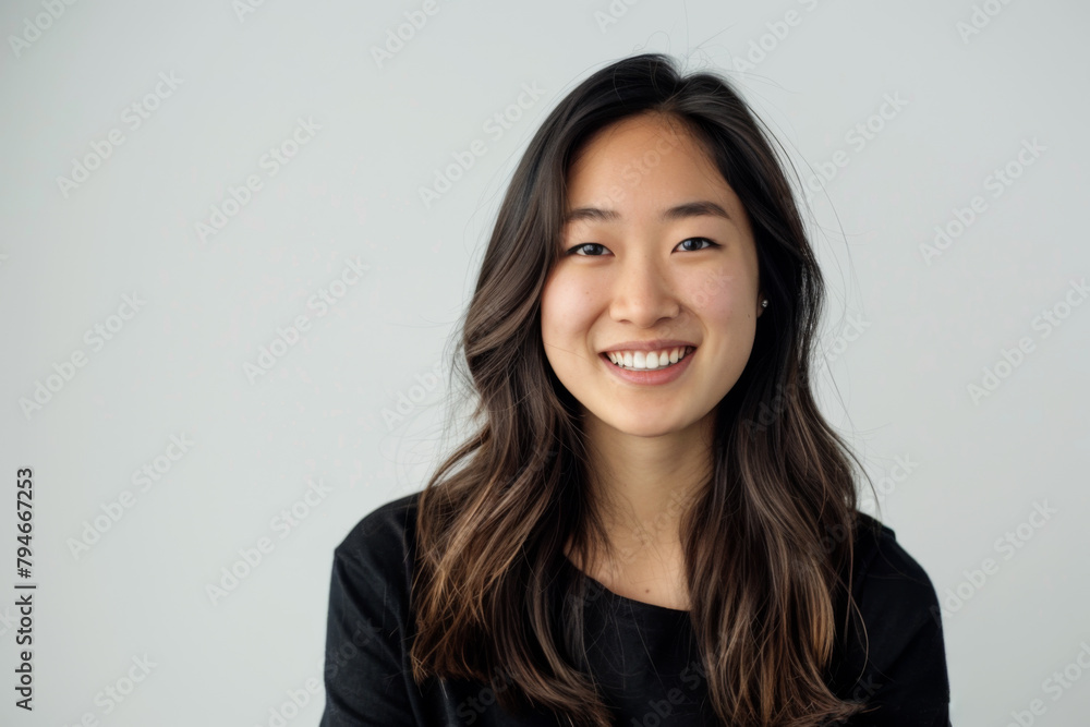 Beautiful studio portrait of young, stylish asian woman, long hair, smiling and looking at camera with confidence on white background Beautiful studio portrait of young, stylish asian woman, long hair, smiling and looking at camera with confidence on white background