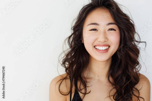 Beautiful studio portrait of young  stylish asian woman  long hair  smiling and looking at camera with confidence on white background