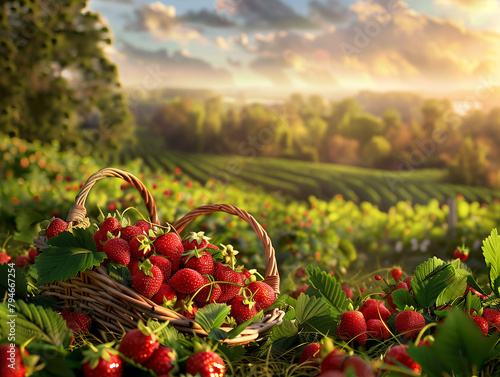 The image captures the abundance and freshness of strawberries with a warm, summery feel.