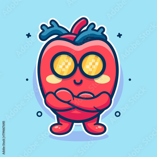 cool human heart organ character mascot with crossed arms isolated cartoon in flat style design