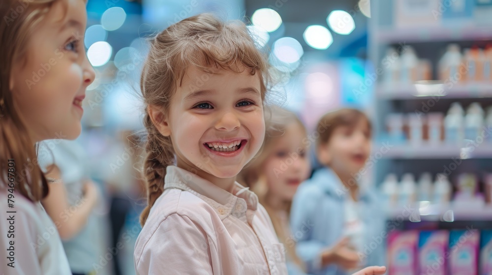 happy European Caucasian youngsters, aged 5-15 years old, wearing business attire, converse and laugh at an exhibition or trade show. Standing proudly by their booth showcasing products.