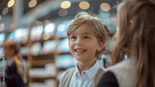 happy European Caucasian youngsters, aged 5-15 years old, wearing business attire, converse and laugh at an exhibition or trade show. Standing proudly by their booth showcasing products.