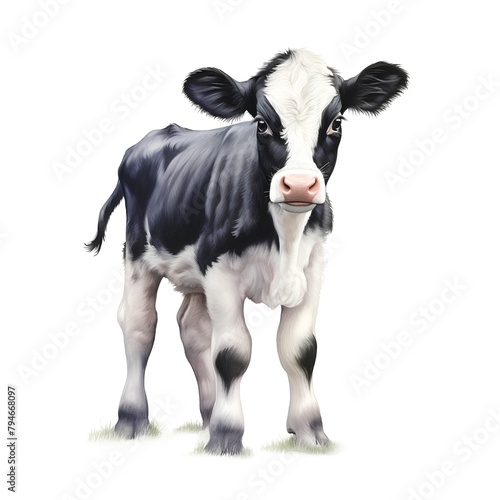 Black and white calf isolated on white background. Watercolor illustration.