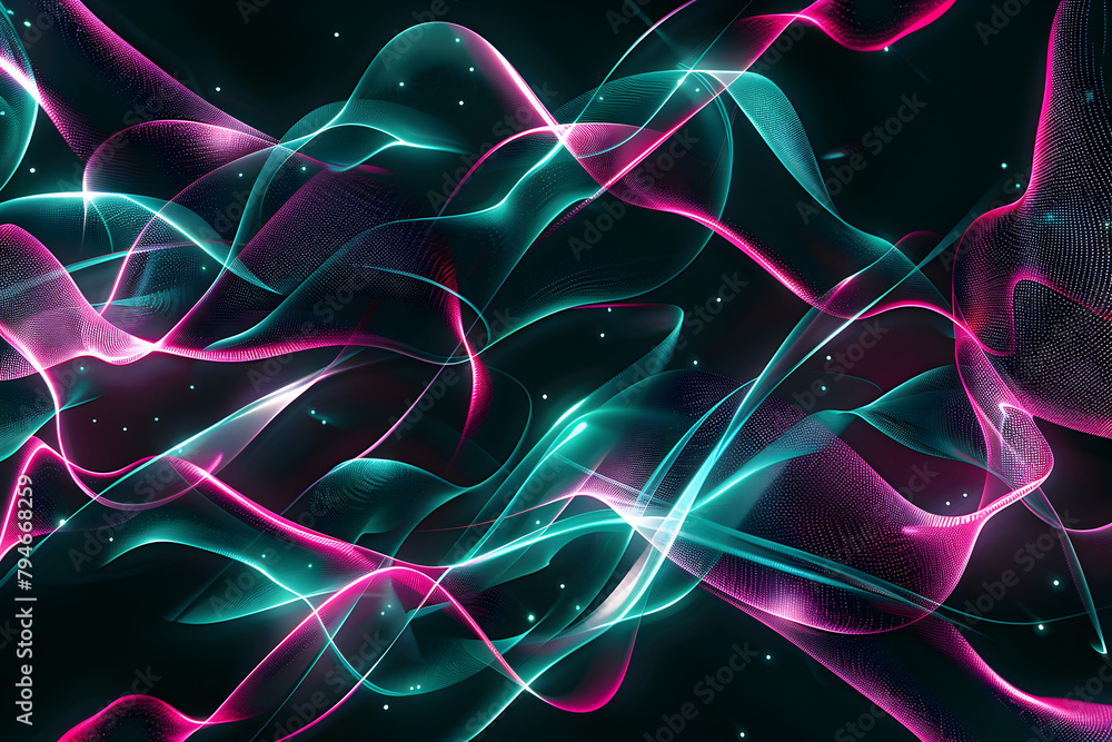 Illuminating abstract neon lines with pink and turquoise glowing patterns. Artistic design on black background.