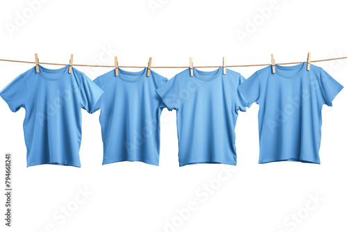 Blue t-shirt hanging on clothesline isolated on a transparent background. Mock-up