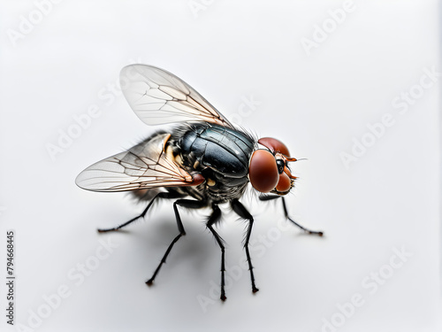 A fly on a white background, top view, macro view, details, animal specimens and environmental protection, housefly