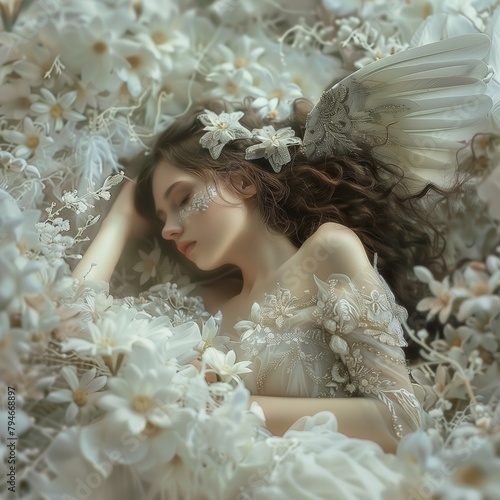 Una bella chica vestida de ángel, durmiendo en un río de bellas flores blancas photo