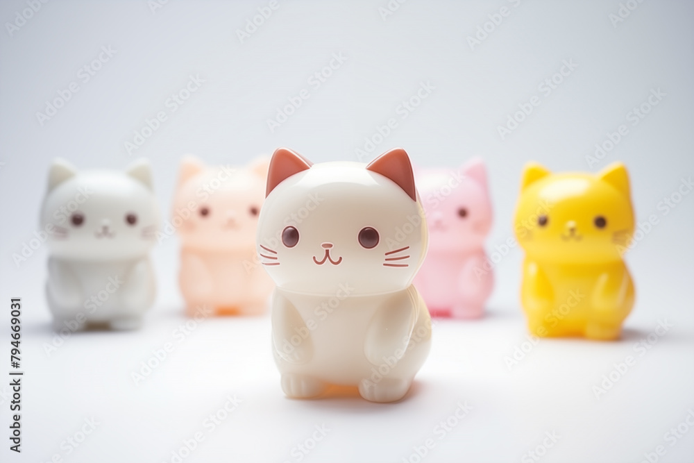 Colorful array of toy cats in soft focus on a white background Colorful array of toy cats in soft focus on a white background
