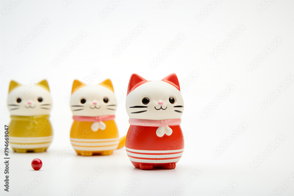 Three Fancy Colourful Cat Figurines Sitting Together