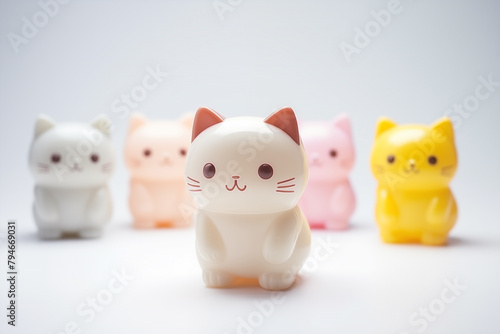 Colorful array of toy cats in soft focus on a white background