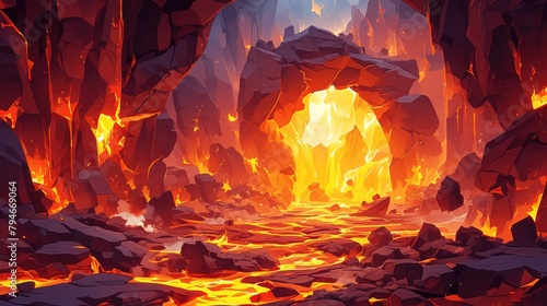 Immerse yourself in a fantastical world where fiery lava flows through a rocky cave creating a hellish backdrop like no other This stunning fantasy landscape features molten magma cascading  photo