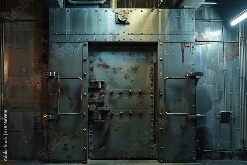 A massive safe door with numerous rivets leading to an underground space. Generative AI