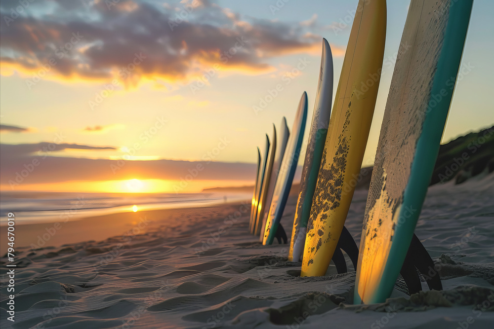 A row of surfboards lined up on a beach at sunset - obrazy, fototapety, plakaty 