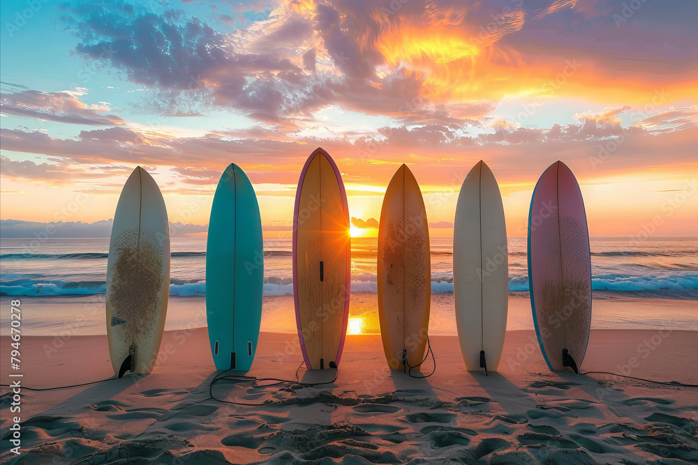A row of surfboards lined up on a beach at sunset - obrazy, fototapety, plakaty 
