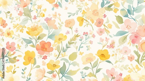 Delicate watercolor floral design pattern featuring a vibrant blend of yellow pink and green hues © AkuAku