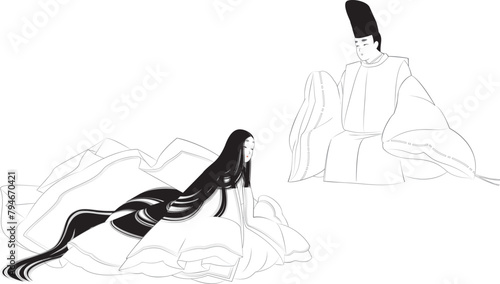 線画の「平安」王朝風の男女のイラスト。日本の民族衣装「狩衣」の男性と「袿」の女性