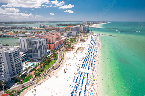 Florida. Clearwater Beach Florida. Best beaches in Florida. Panorama of city. Spring or summer vacations. Beautiful view on Hotels and Resorts on Island. Best ocean beach. Gulf of Mexico photo