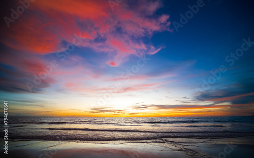 Landscape horizon viewpoint vertical summer season sea beach nobody wind wave holiday calm sunset sky evening day time look calm nature tropical beautiful ocean water travel Koh Muk Trang Thailand