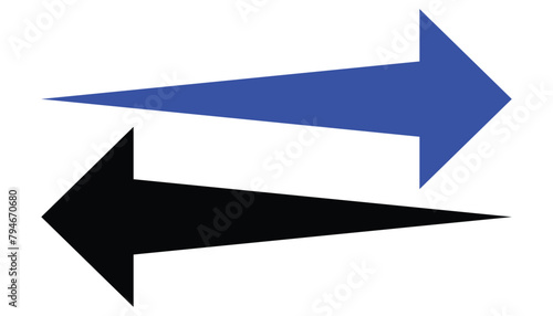 Dual sided black arrow. Horizontal dual sided long straight arrow signs. double arrow icon isolated on white background. Vector illustration. Long arrow.