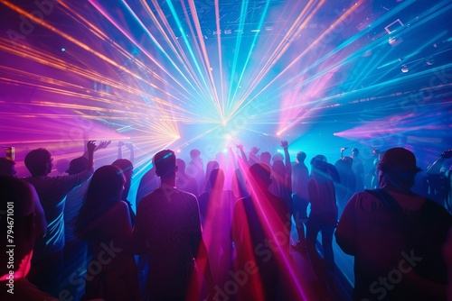 Crowd of people gathered together, standing in front of a vibrant and colorful light at a psychedelic rave in an underground venue. Generative AI