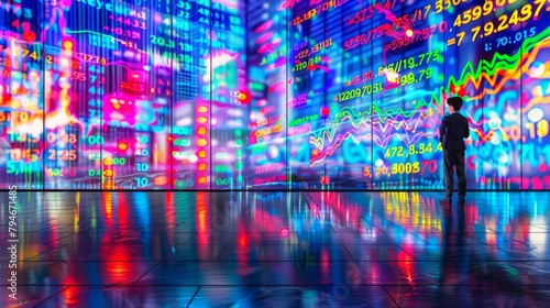 Data analyzing with digital screen on glowing color display, stock market with diagram with colorful candlestick charts on overlay space background,