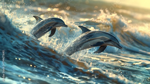 A pair of dolphins frolicking in the surf, leaping gracefully out of the water in a joyful display photo