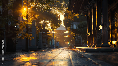 Japan street scene at night. Japanese man and woman walking beside street in city at night. Traditional Japanese Lantern used to decorate the front of street. Magome Old town. night arcade asian city.