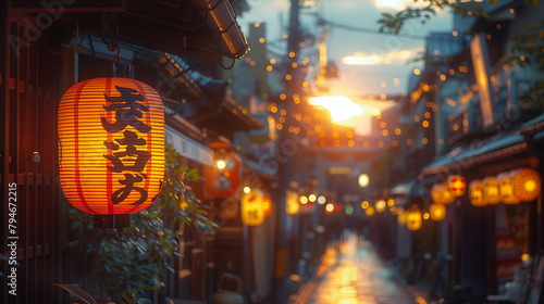 Japan street scene at night. Japanese man and woman walking beside street in city at night. Traditional Japanese Lantern used to decorate the front of street. Magome Old town. night arcade asian city.