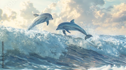 A pair of dolphins frolicking in the surf  leaping gracefully out of the water in a joyful display