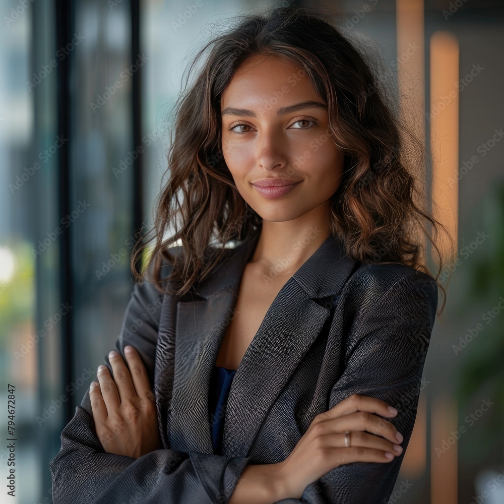 Close-up shot of a woman in professional summer attire, arms crossed, exuding confidence as she turns Close-up shot of a woman in professional summer attire, arms crossed, exuding confidence as she turns