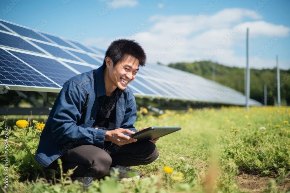 Happy Asian man works on a laptop with green energy from a solar cell while sitting in the garden under a spotlight. Generative AI. Happy Asian man works on a laptop with green energy from a solar cell while sitting in the garden under a spotlight. Generative AI.