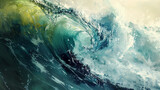 Abstract expressionist art of crashing ocean waves in aquamarine and olive tones.
