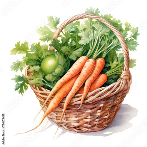 Basket with fresh carrots and celery. Watercolor illustration. photo