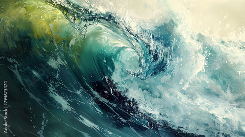 Abstract expressionist art of crashing ocean waves in aquamarine and olive tones.