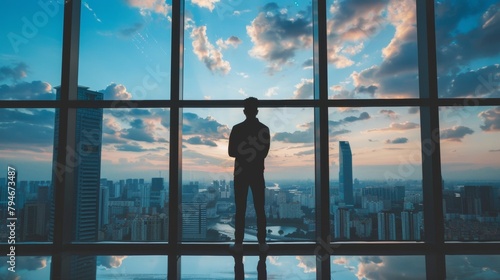 A man stands at a large window back to the camera as gazes out at the stunning view of the city below. posture exudes confidence . . photo