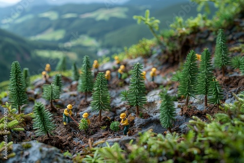 A group of miniature workers are planting trees on the ground, with green hills in the background, some little people wearing yellow helmets are planting small pine trees, eco-sustainable, business, 