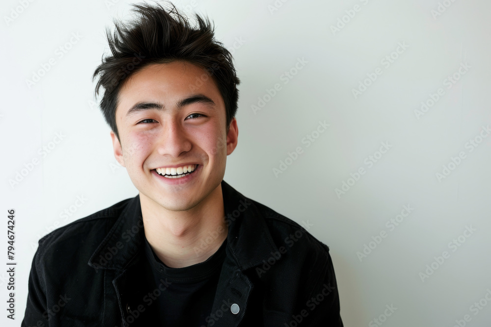 Fototapeta premium Portrait of healthy, cheerful handsome young Asian man smiling and looking at camera with white background. Happy, health and mental healthcare concept