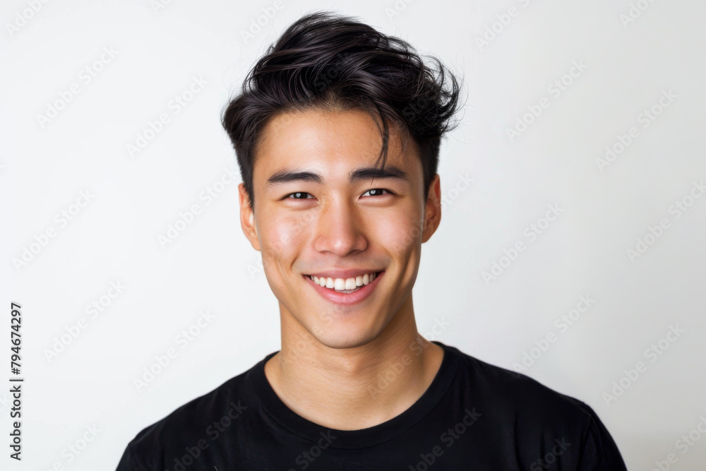 Portrait of healthy, cheerful handsome young Asian man smiling and looking at camera with white background. Happy, health and mental healthcare concept Portrait of healthy, cheerful handsome young Asian man smiling and looking at camera with white background. Happy, health and mental healthcare concept