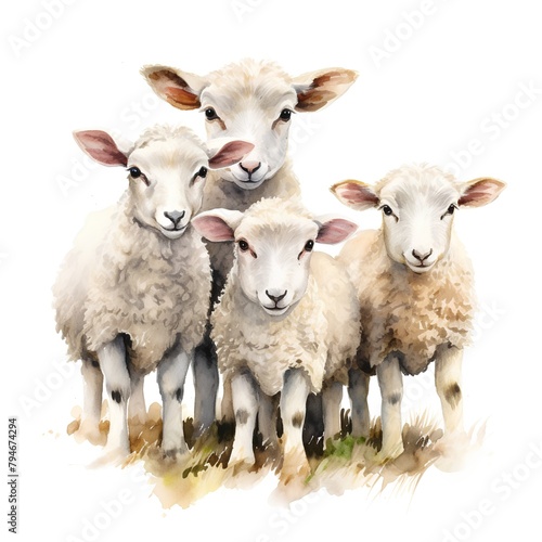 Watercolor flock of sheep isolated on white background. Hand drawn illustration