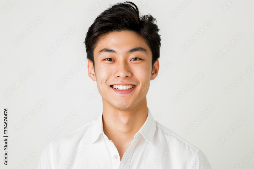 Portrait of healthy, cheerful handsome young Asian man smiling and looking at camera with white background. Happy, health and mental healthcare concept Portrait of healthy, cheerful handsome young Asian man smiling and looking at camera with white background. Happy, health and mental healthcare concept