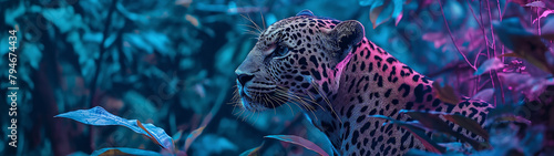 Majestic leopard lurking in the vibrant twilight jungle ambiance photo