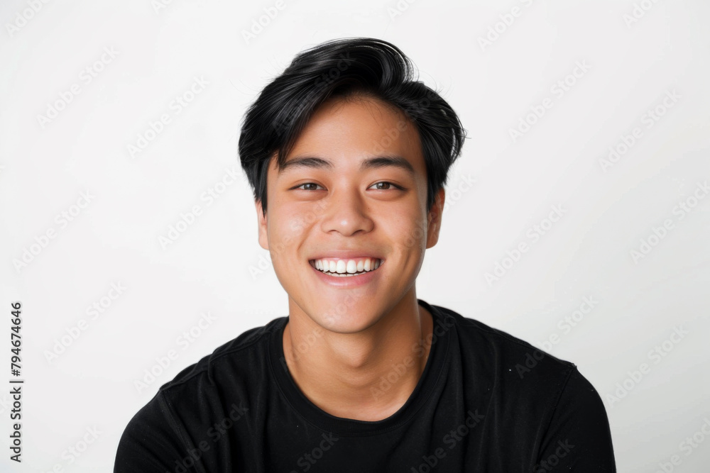 Portrait of healthy, cheerful handsome young Asian man smiling and looking at camera with white background. Happy, health and mental healthcare concept Portrait of healthy, cheerful handsome young Asian man smiling and looking at camera with white background. Happy, health and mental healthcare concept