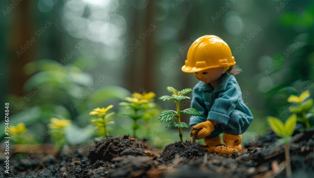 Obraz premium miniature macro photography, tilt-shift lens, green friendly, clean energy, earth, world, future environment, business emissions, safety CSR responsibility, friendliness, carbon neutrality, Labor Day