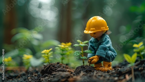 miniature macro photography, tilt-shift lens, green friendly, clean energy, earth, world, future environment, business emissions, safety CSR responsibility, friendliness, carbon neutrality, Labor Day