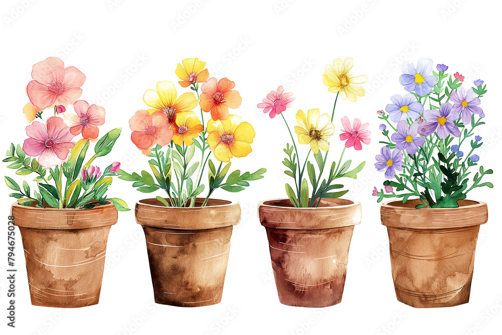 Watercolour flowers in wooden pots isolated on a transparent background