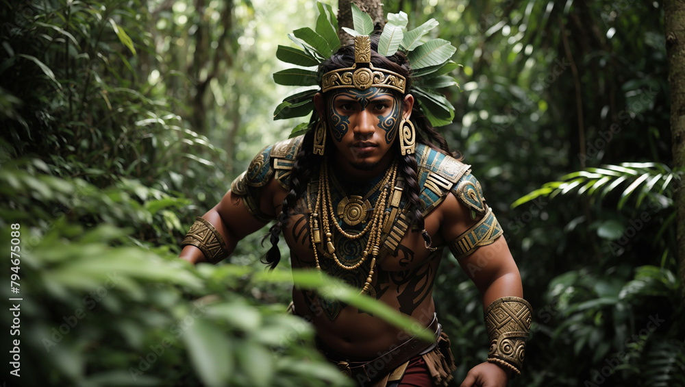 A man wearing a feathered headdress and gold jewelry stands in a lush green jungle.

