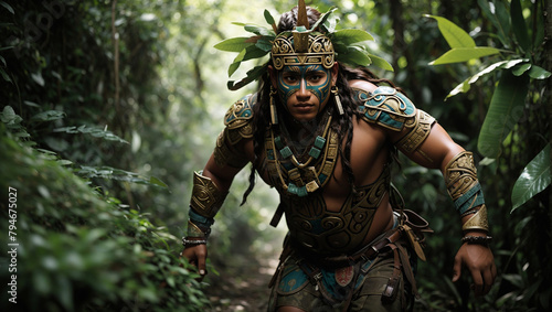 A man wearing a feathered headdress and gold jewelry stands in a lush green jungle.