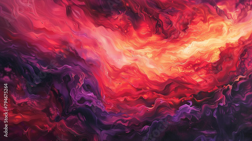 Dynamic acrylic painting with natural flow of reds and purples resembling a sunset sky.